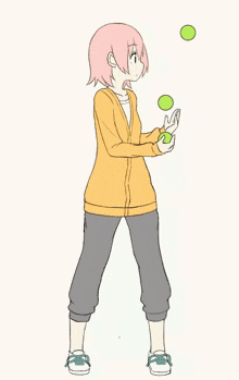a drawing of a girl with pink hair juggling a green ball