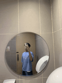 a person in a blue shirt is taking a picture of themselves in a round mirror