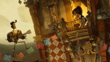 a cartoon of a man playing a guitar and a woman sitting on a balcony