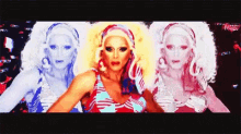a woman in a red white and blue striped dress is surrounded by other women