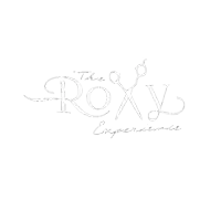 a logo for the roxy experience with a pair of scissors