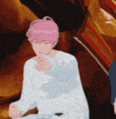 a girl with pink hair is pointing at something
