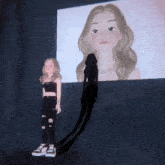a cartoon girl is standing in front of a screen with a shadow of another girl .