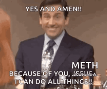 a man in a suit and tie is smiling and saying `` yes and amen ! ''