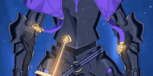 a person in a purple jacket is holding a sword and a light is coming out of their chest