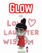 a cartoon girl wearing a headband that says glow love laughter and wisdom