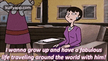 a cartoon of a woman sitting on a couch and talking to a man .