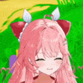 a close up of a pink haired anime girl with a cat ear .