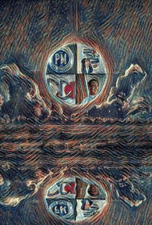 a painting of a circle with the letters pm in it