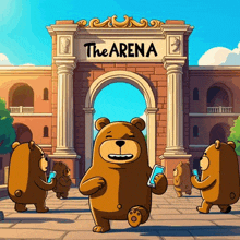 a group of teddy bears standing in front of the arena