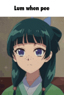 a girl with green hair and blue eyes has the words lum when pee written above her