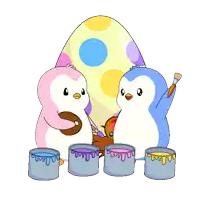 a couple of penguins are painting an egg with a brush