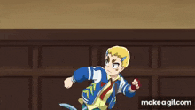 a cartoon character is jumping in the air while wearing a red vest and green scarf .