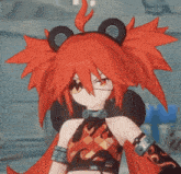 a girl with red hair and bear ears is wearing sunglasses