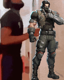 a man in a black shirt with the number 1 on it stands next to a soldier