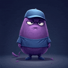 a purple cartoon character wearing a blue baseball cap and a blue shirt