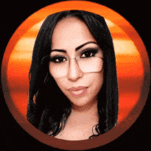 a close up of a woman 's face with glasses in a circle