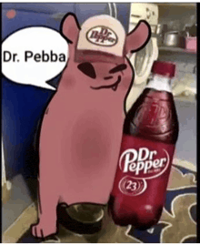 a dog wearing a hat is standing next to a bottle of dr. pepper .