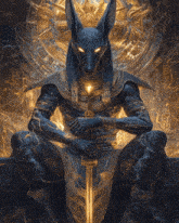a statue of anubis holding a sword in front of a wall that says ' giza ' on it
