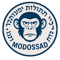 a blue and white logo with a monkey and the word modossad