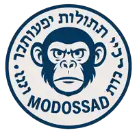 a blue and white logo with a monkey and the word modossad