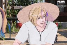 a drawing of a man wearing a hat and a white shirt with the word plane in the background
