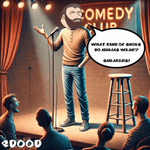 a cartoon of a man giving a comedy speech
