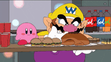 a cartoon character with a w on his hat eating a sandwich