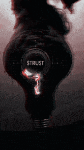 a light bulb with smoke coming out of it and a button that says trust