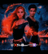 a man and a woman are standing next to each other in a painting . the woman has red hair .