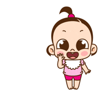 a cartoon baby girl in a pink shirt and shorts is waving