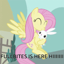 a cartoon of a pony holding a rabbit with the words fullbites is here written below it