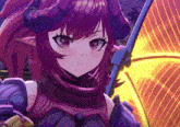 a purple anime girl with horns and a sword