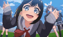 a girl in a school uniform with bunny ears on her head