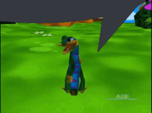 a video game screen shows a dinosaur standing in a grassy field with the word age at the bottom