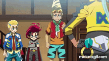 a group of anime characters standing next to each other with one wearing a yellow jacket with a letter x on it
