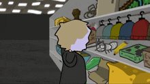 a cartoon of a person looking at a shelf with a bug on it that says ev on it