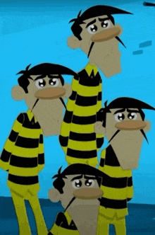 a group of cartoon characters wearing black and yellow striped shirts