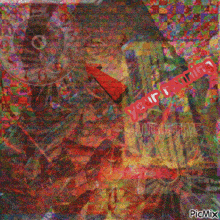 a colorful painting with a red sign that says your out of time