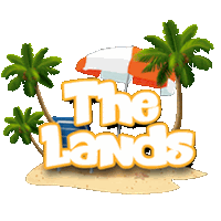 a logo that says the lands with palm trees and a beach chair