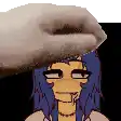 a cartoon character with blue hair is being touched by a cat 's paw .
