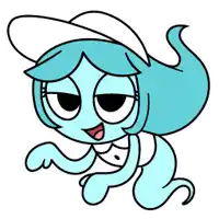 a blue cartoon character wearing a white hat and a white shirt