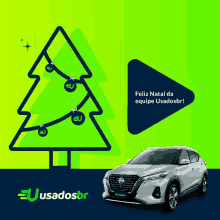 a christmas tree and a nissan car with the words feliz natal da equipe usadosbr