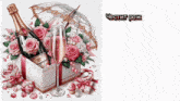 a bottle of champagne sits in a box with roses