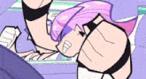 a cartoon drawing of a girl with pink hair and black pants