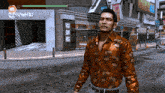 a man in an orange shirt is walking down a street in front of a building that says " kwonro "