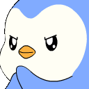 a blue and white penguin with an orange beak is making an angry face