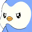 a blue and white penguin with an orange beak is making an angry face