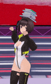 a girl with a stack of books on her head in a video game
