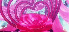 a large pink rose in front of a heart shaped background